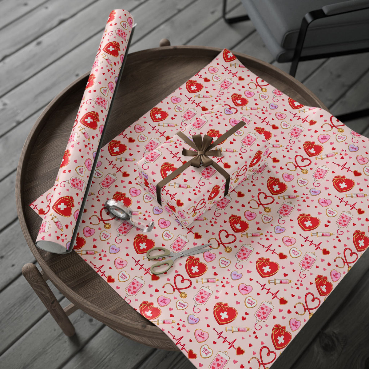 Valentine's Day Nurse Wrapping Paper Stethoscope Hearts