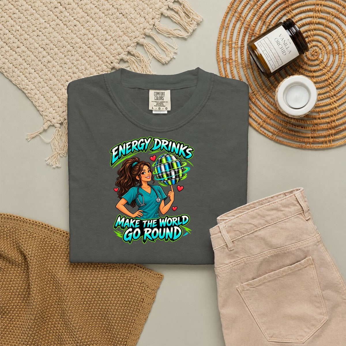 Energy Drinks Make the World Go Round Nurse Tee (Long Waves)
