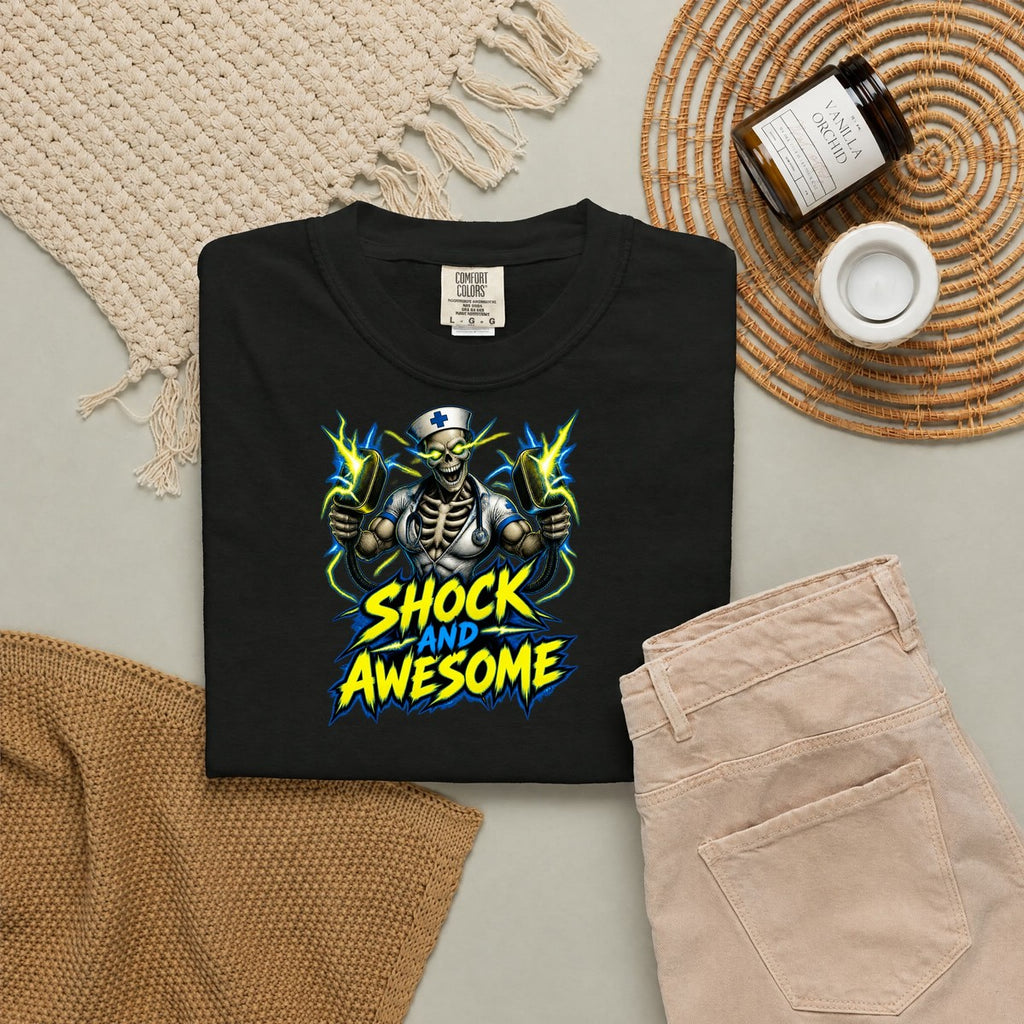 Shock and Awesome Skeleton Cardiac Nurse Comfort Colors T-Shirt folded