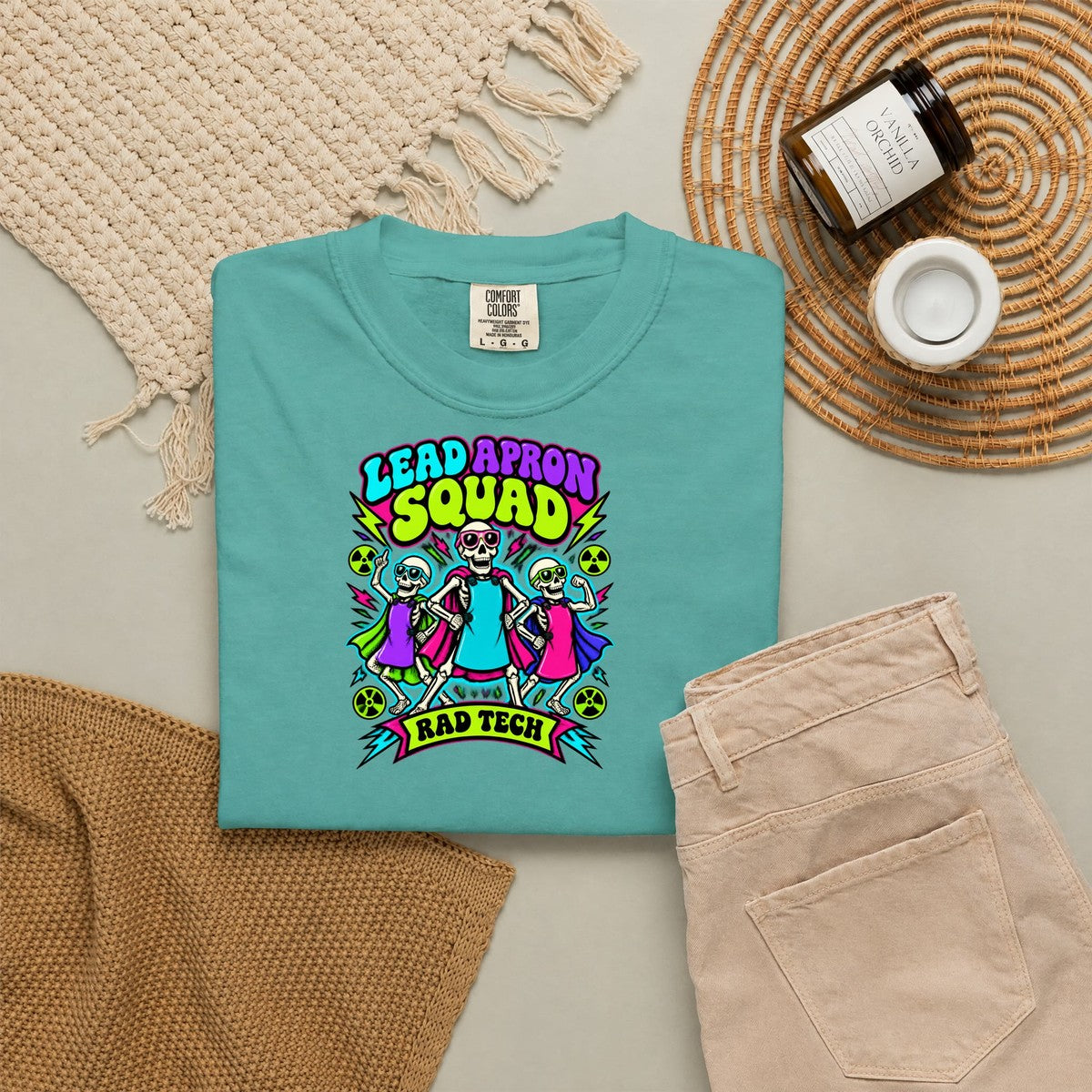 Lead Apron Squad Rad Tech Skeleton Comfort Colors T-Shirt folded