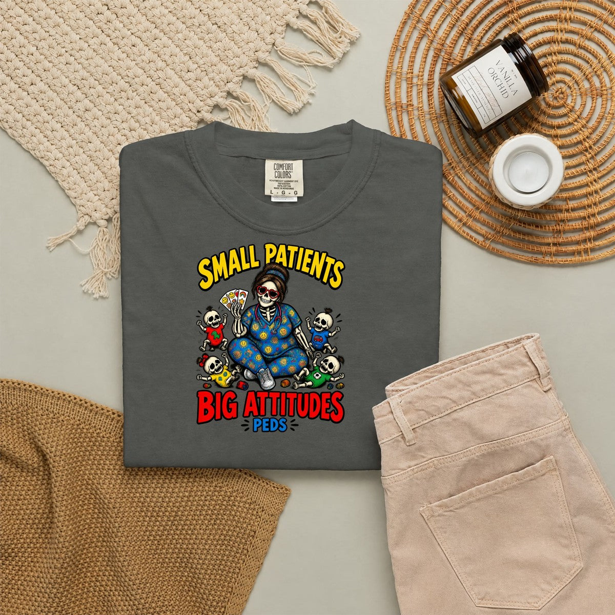 Small Patients Big Attitudes Skeleton Peds Nurse Comfort Colors T-Shirt folded