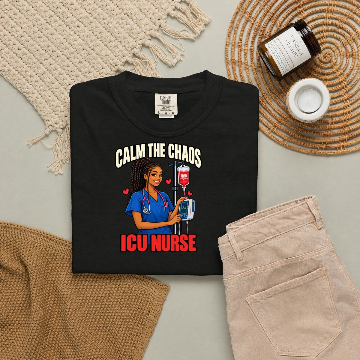 Calm the Chaos Dex ICU Nurse Tee (Long Braids)