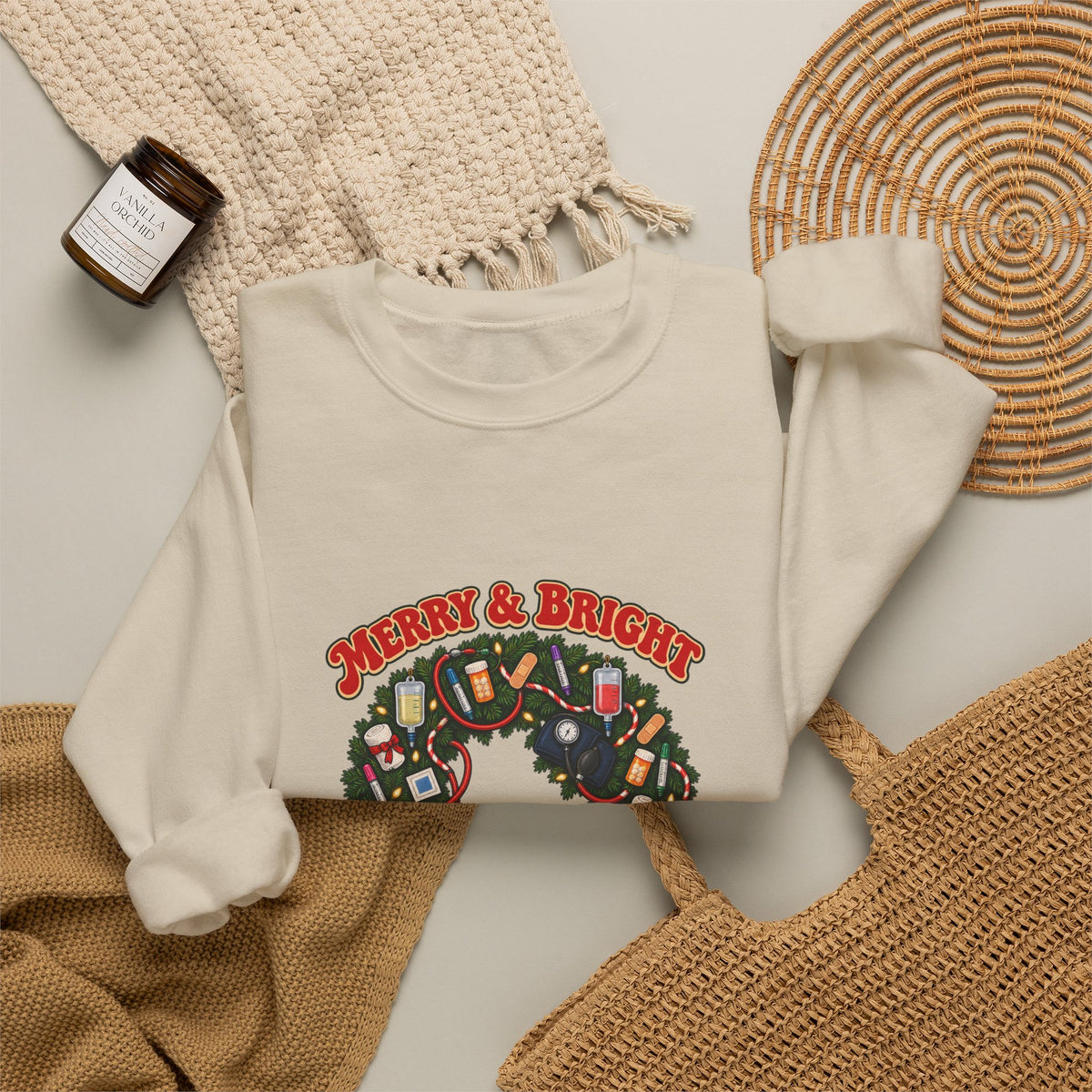 Merry & Bright and Fully Charted Christmas Nurse Crewneck Sweatshirt