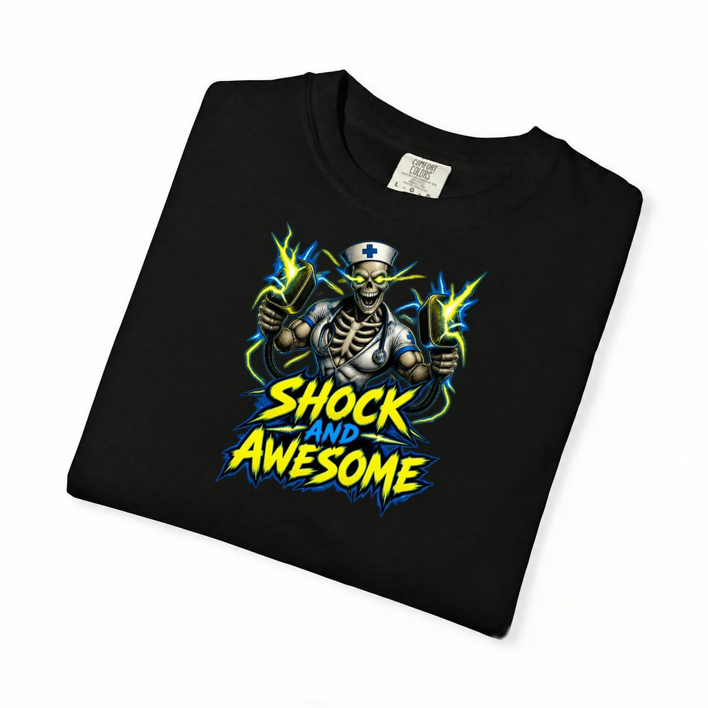 Shock and Awesome Skeleton Cardiac Nurse Comfort Colors T-Shirt folded