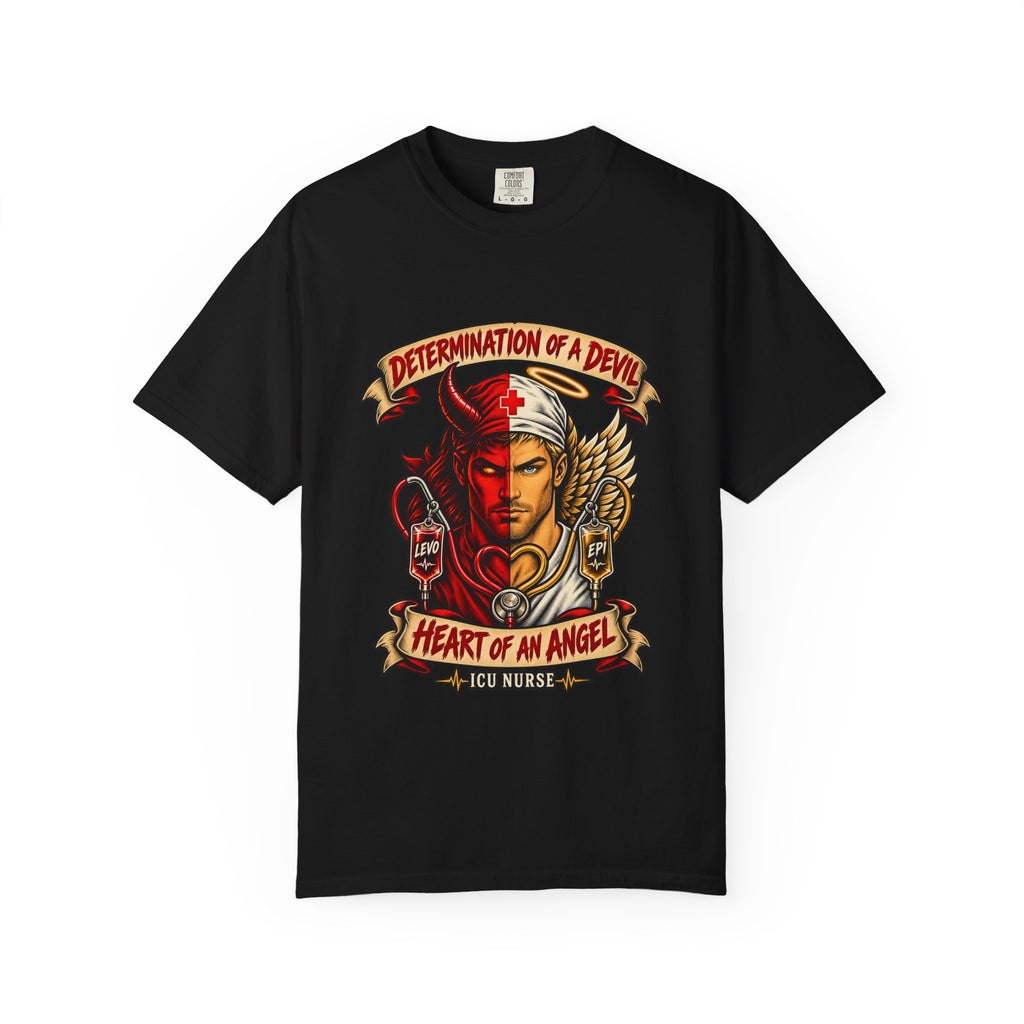 Determination of a Devil Heart of an Angel Male ICU Nurse Tattoo Badge Comfort Colors T-Shirt