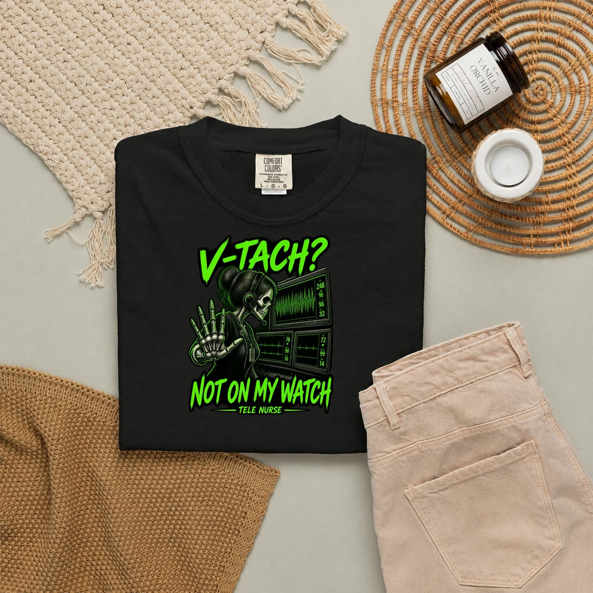 V-Tach Not on My Watch Skeleton Tele Nurse Comfort Colors T-Shirt folded