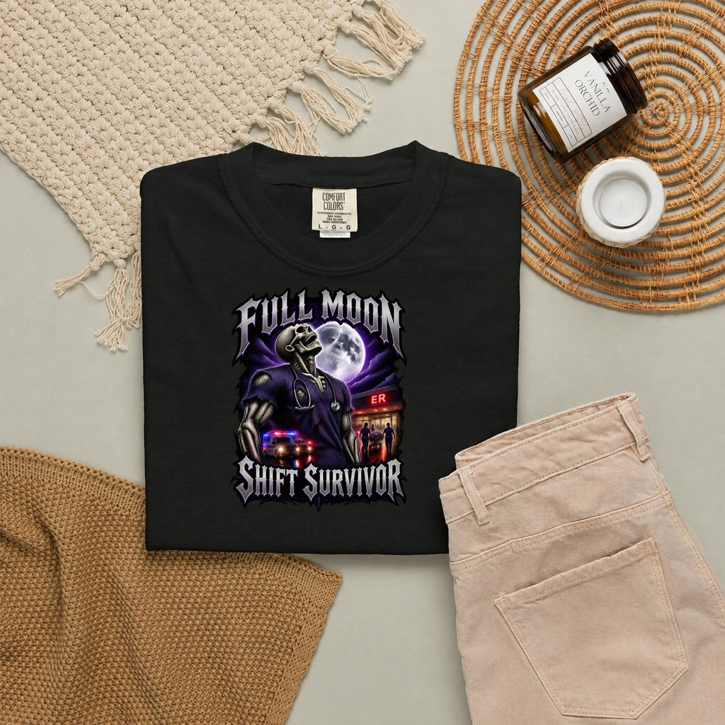 Full Moon Shift Survivor Skeleton ER Nurse Comfort Colors T-Shirt folded