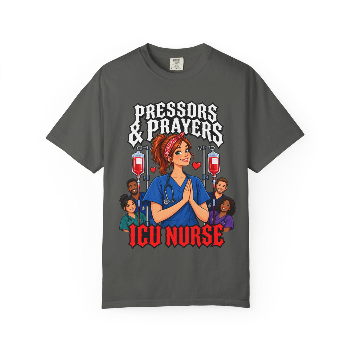 Pressors and Prayers ICU Nurse Tee (Red Ponytail)