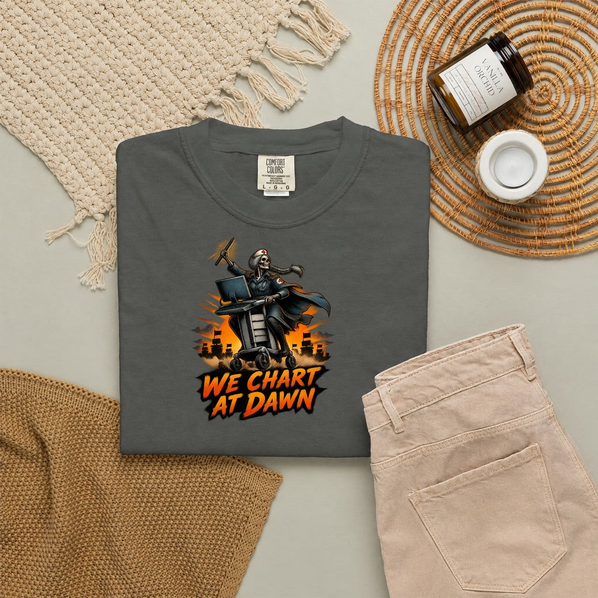We Chart at Dawn Skeleton Nurse Comfort Colors T-Shirt folded