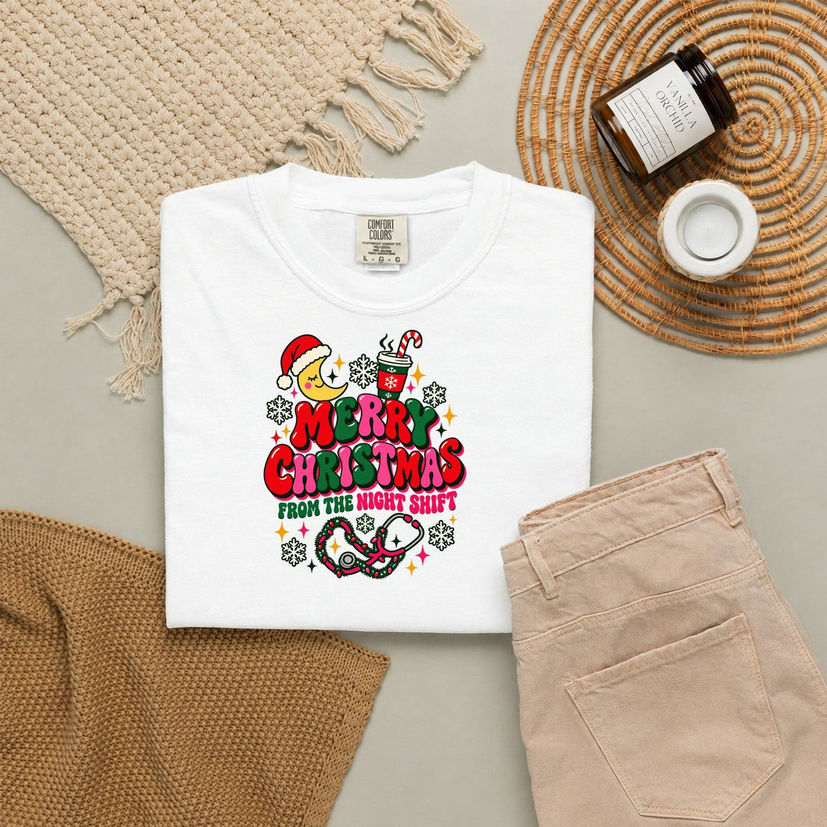 Merry Christmas From the Night Shift Nurse Comfort Colors T-Shirt folded