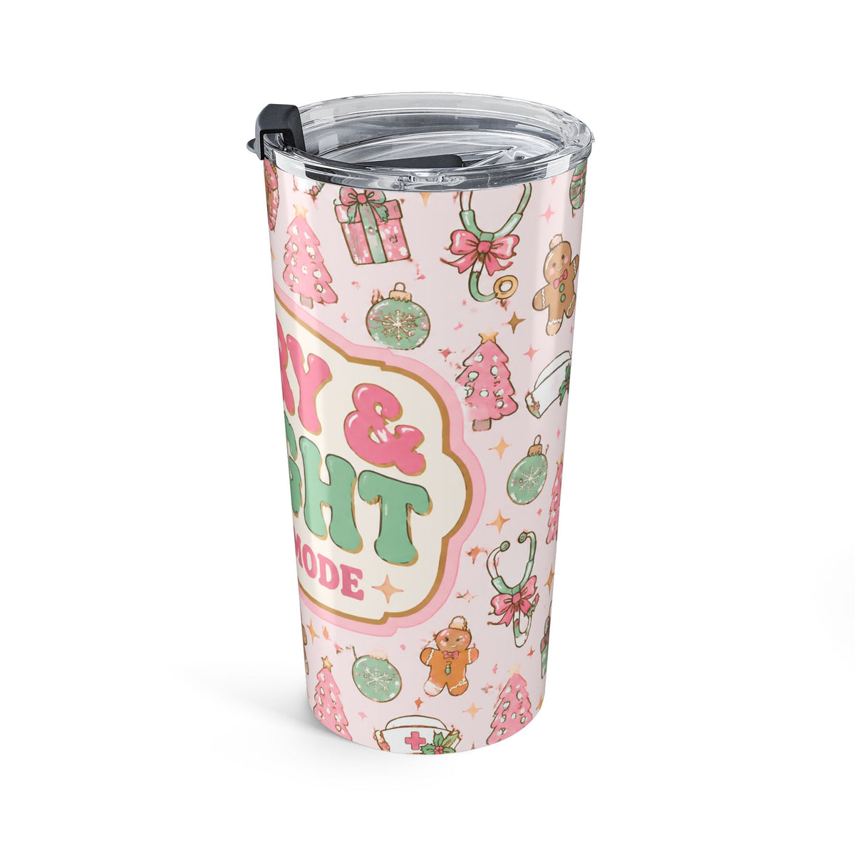 Merry and Bright Nurse Mode Pink Christmas 20oz Skinny Tumbler