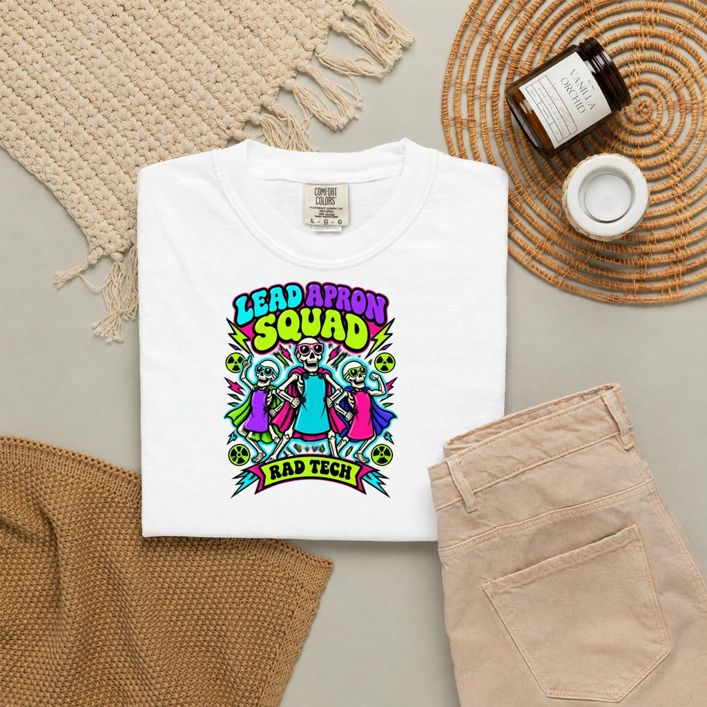 Lead Apron Squad Rad Tech Skeleton Comfort Colors T-Shirt folded