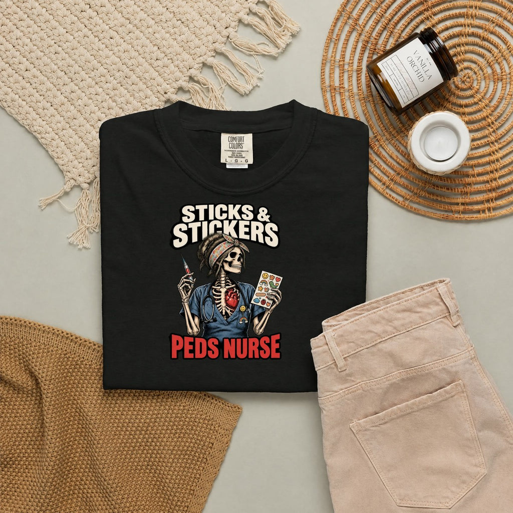 Sticks and Stickers Skeleton Peds Nurse Comfort Colors T-Shirt folded