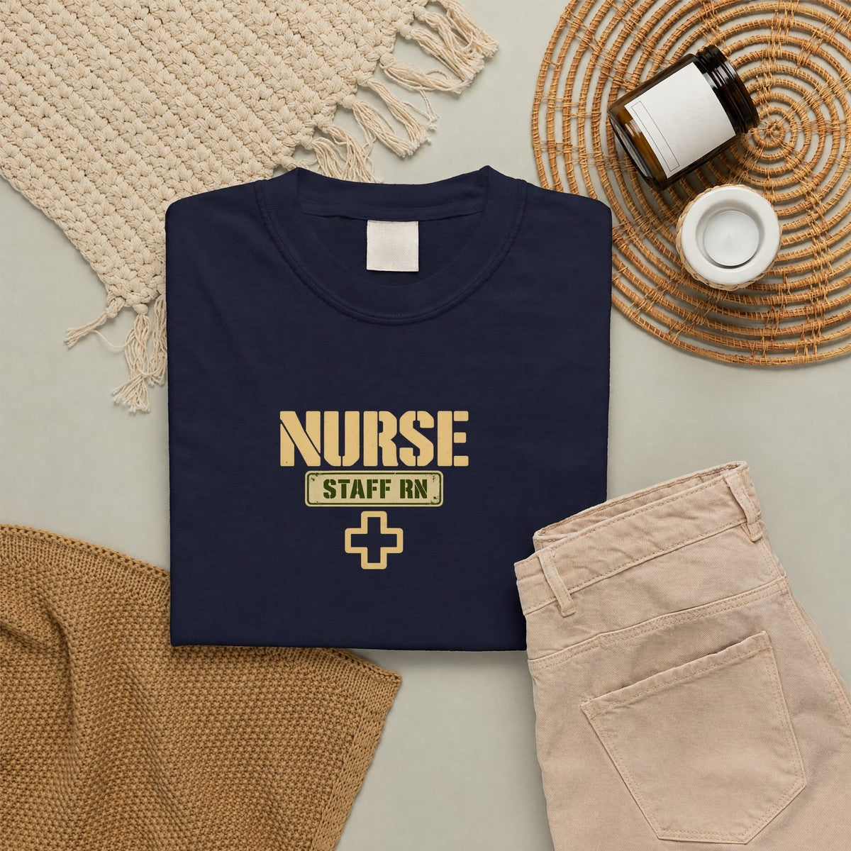 Nurse Military Stencil Staff RN Comfort Colors T-Shirt folded