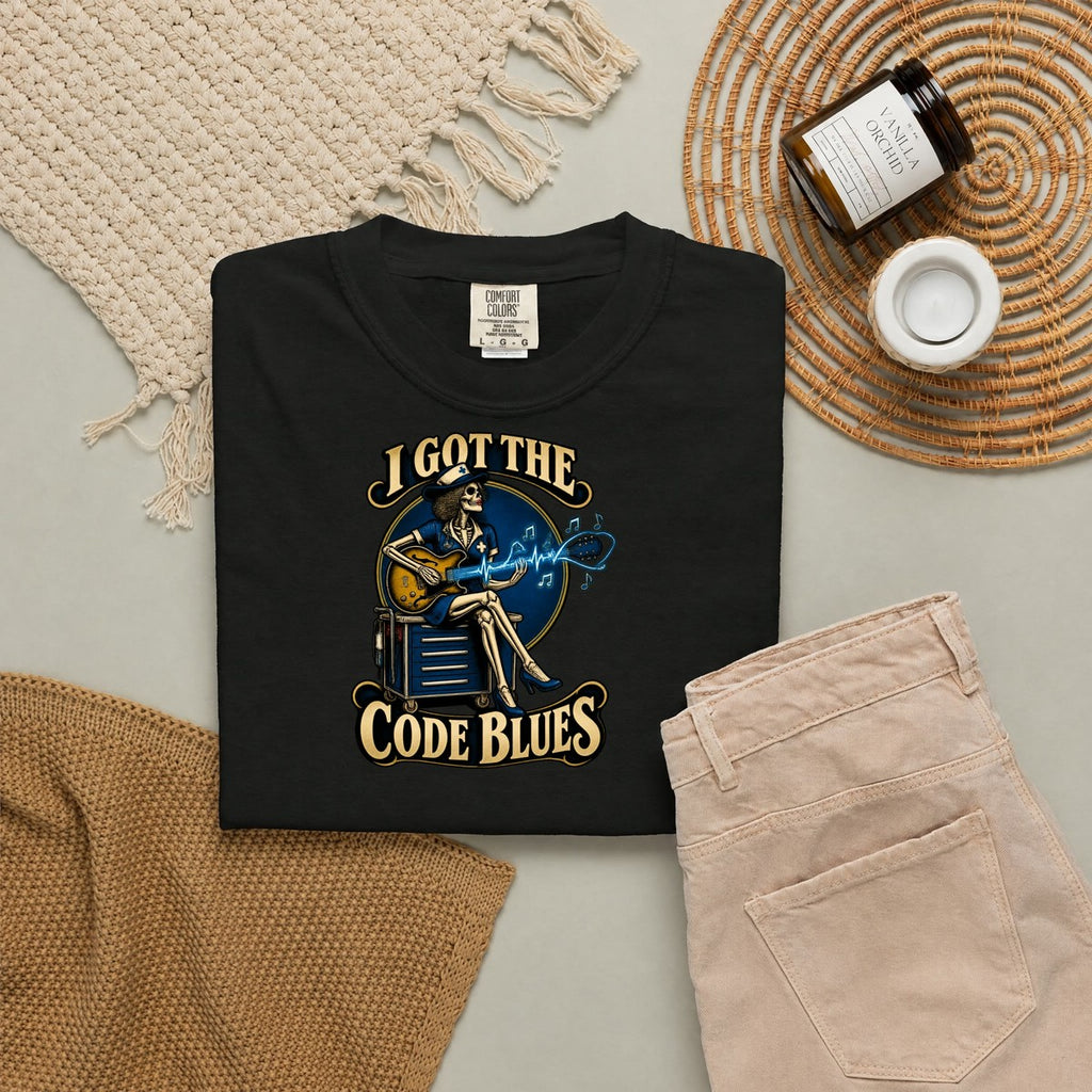 I Got the Code Blues Skeleton Nurse Comfort Colors T-Shirt folded