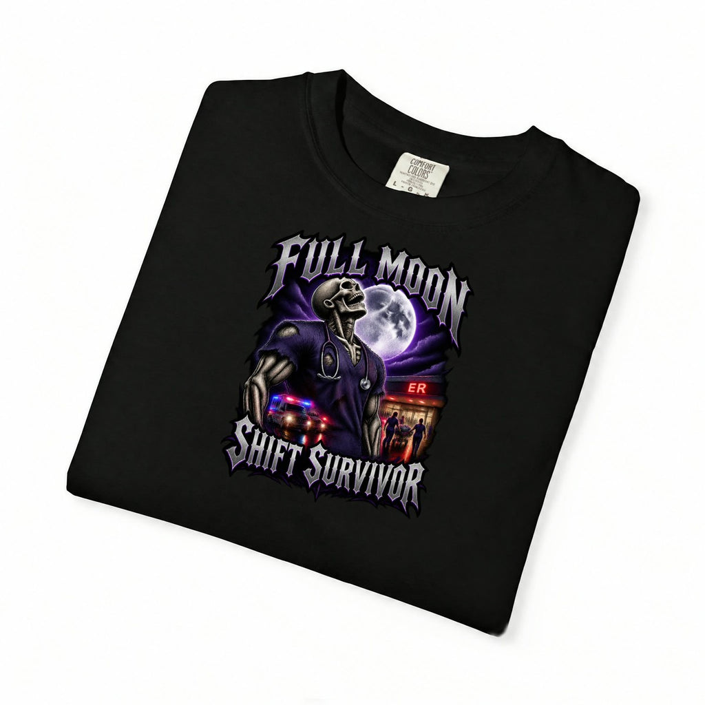 Full Moon Shift Survivor Skeleton ER Nurse Comfort Colors T-Shirt folded