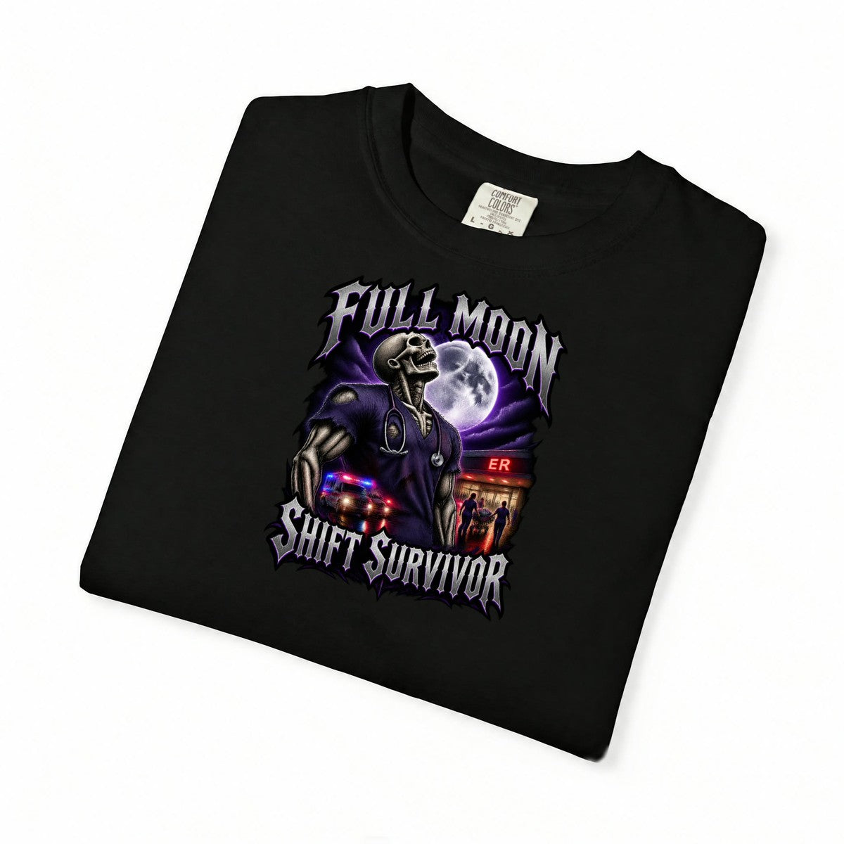 Full Moon Shift Survivor Skeleton ER Nurse Comfort Colors T-Shirt folded