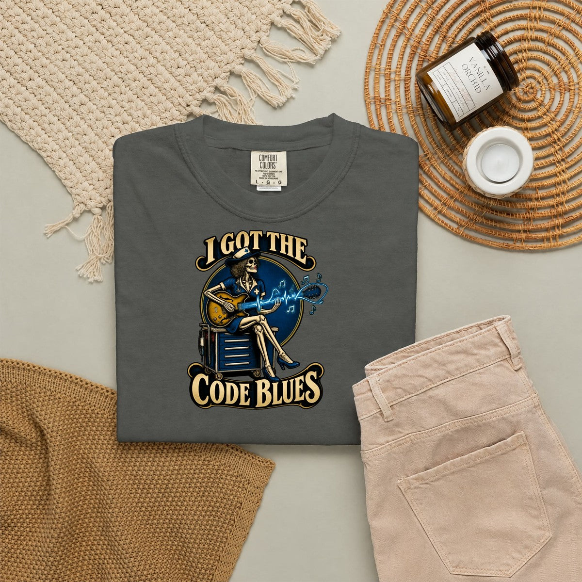 I Got the Code Blues Skeleton Nurse Comfort Colors T-Shirt folded