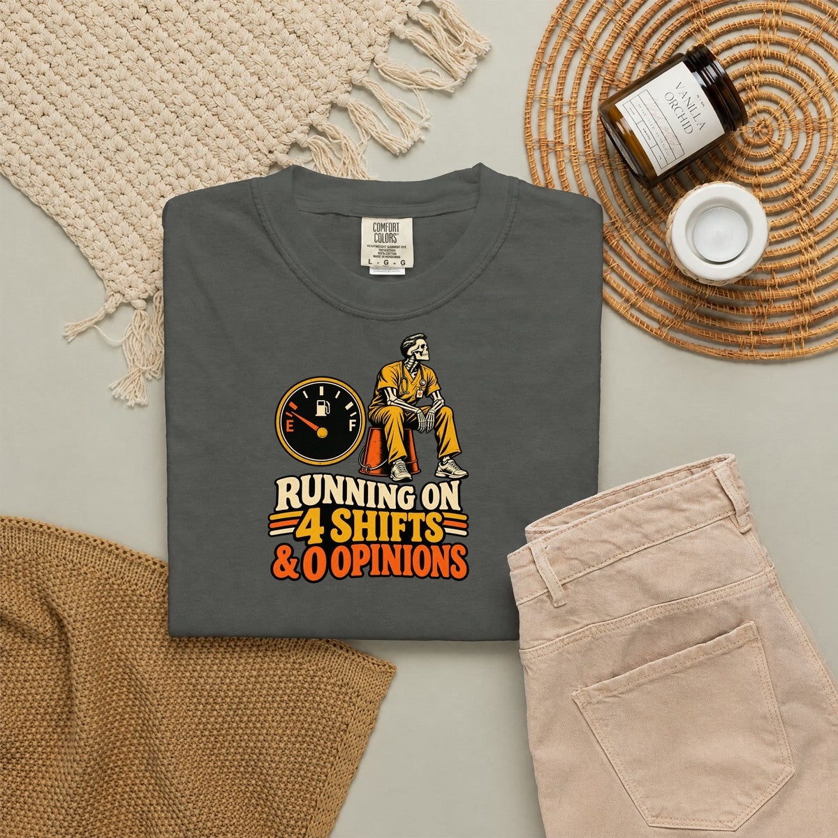 Running on 4 Shifts and 0 Opinions Skeleton Male Nurse Comfort Colors T-Shirt folded