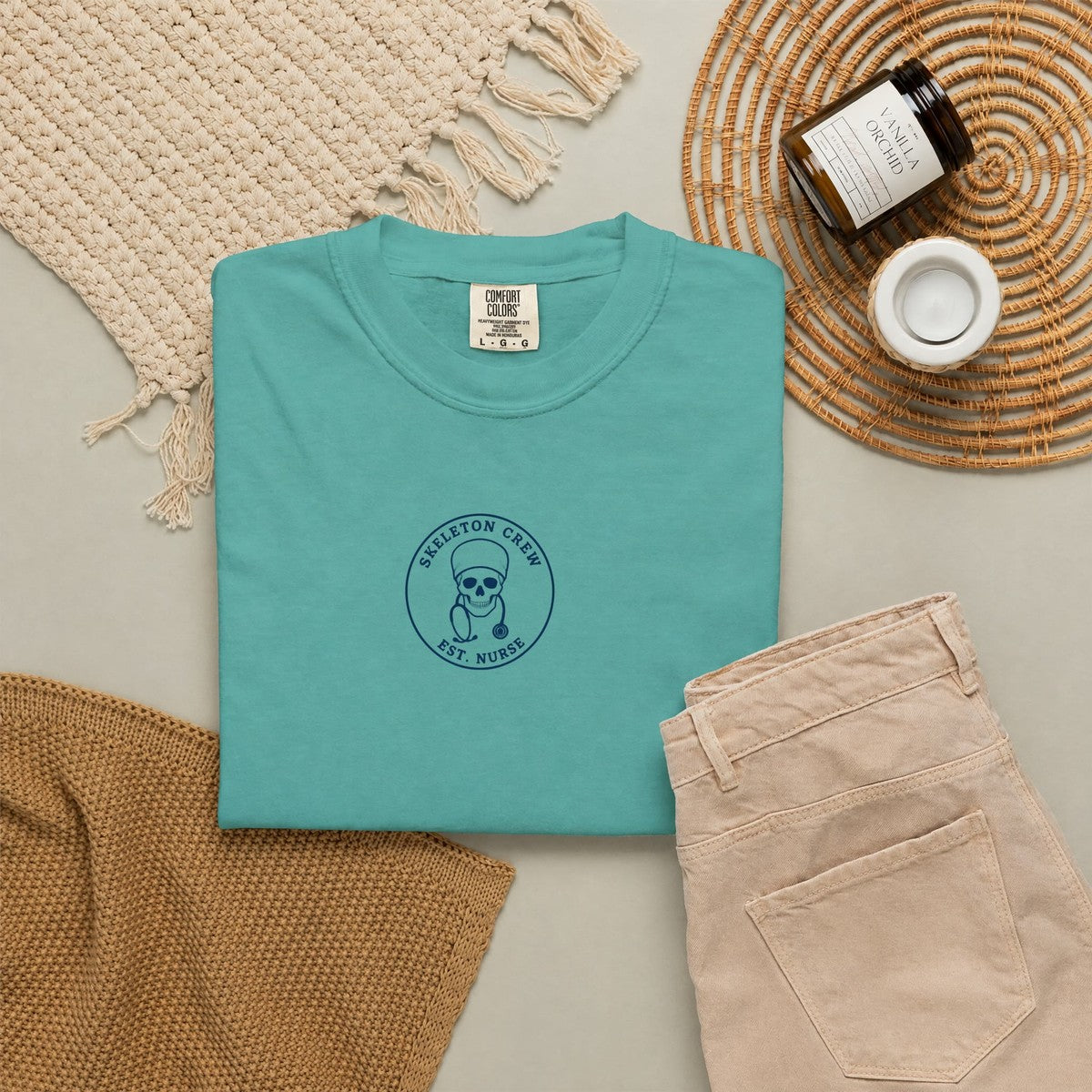 Skeleton Crew Est Nurse Minimal Badge Skeleton Nurse Comfort Colors T-Shirt folded