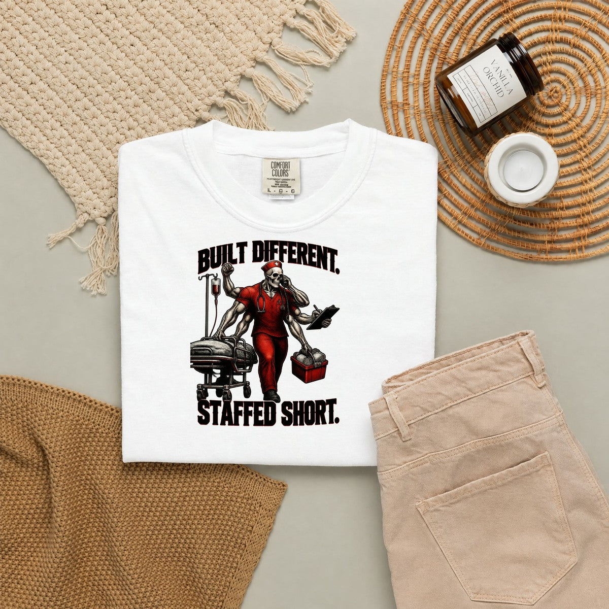 Built Different Staffed Short Skeleton Nurse Comfort Colors T-Shirt folded