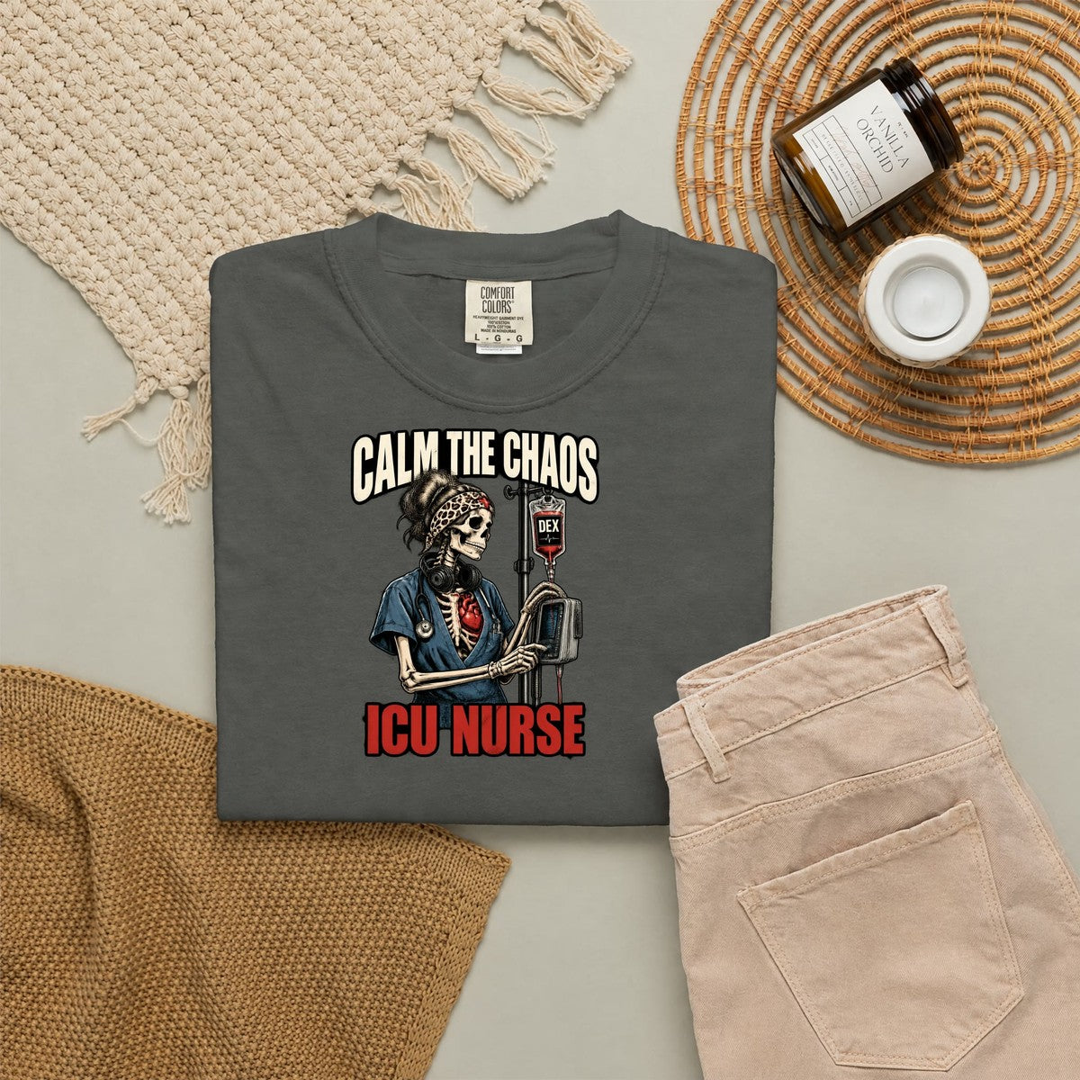 Calm the Chaos Dex Skeleton ICU Nurse Comfort Colors T-Shirt folded