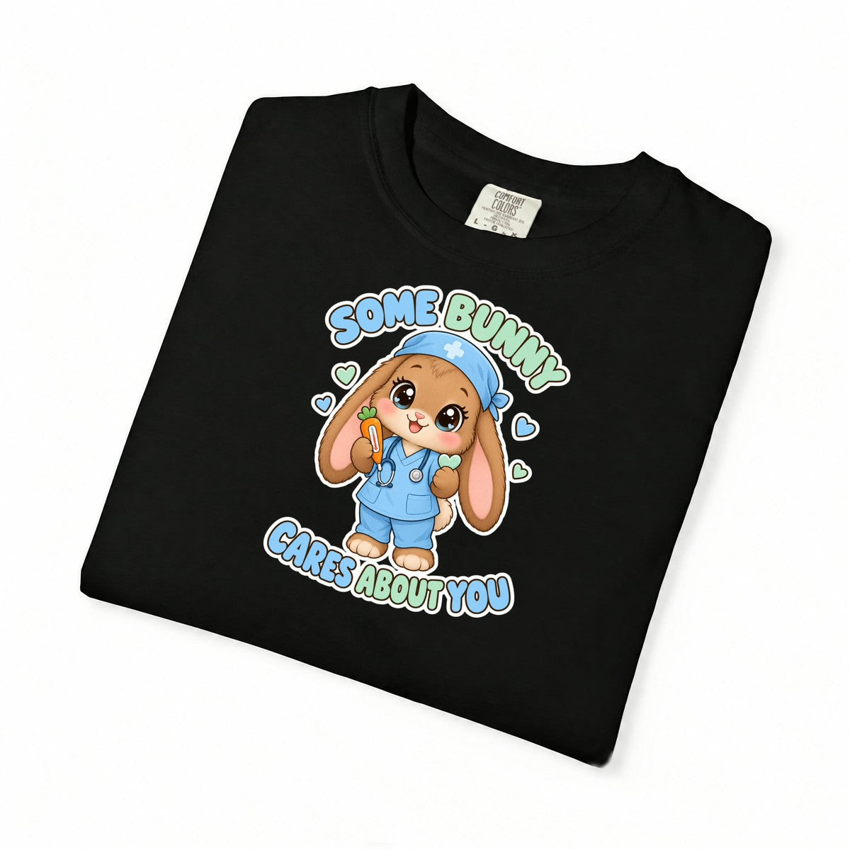 Some Bunny Cares About You Bunny Peds Nurse Blue Comfort Colors T-Shirt folded