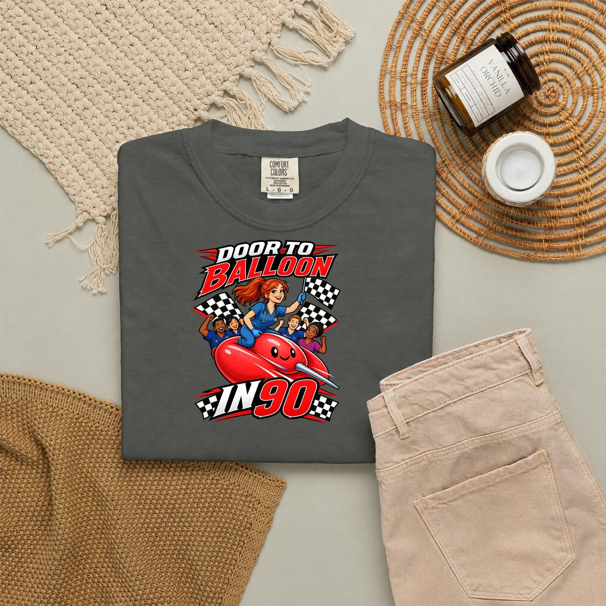 Door to Balloon in 90 Cardiac Nurse Tee (Red Ponytail)
