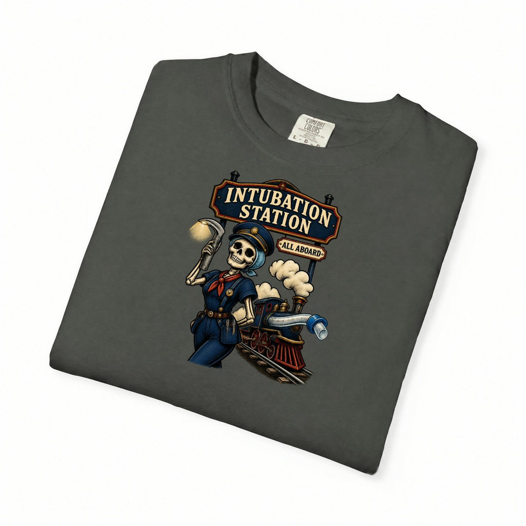 Intubation Station All Aboard Skeleton Respiratory Therapist Comfort Colors T-Shirt folded