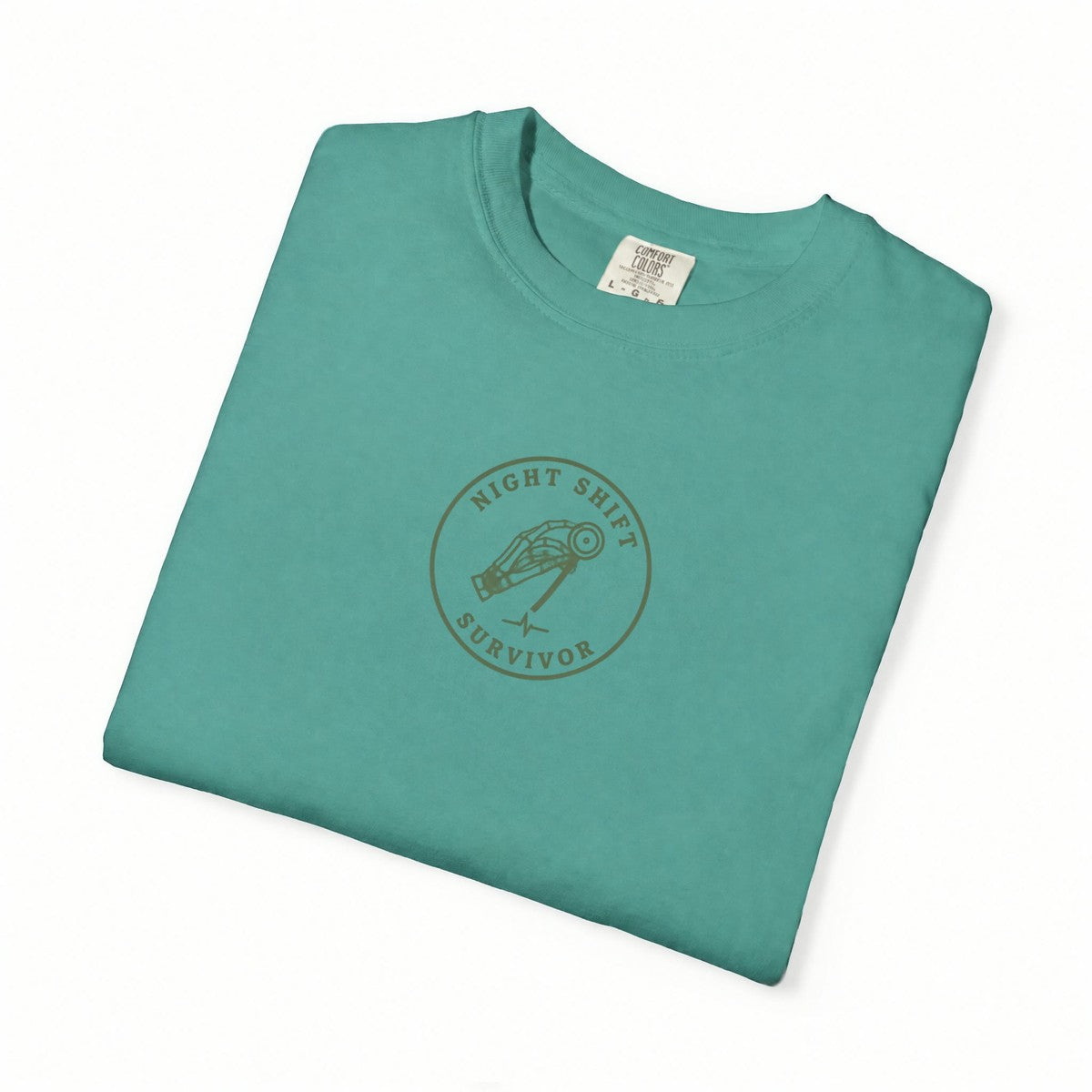 Night Shift Survivor Minimal Badge Skeleton Nurse Comfort Colors T-Shirt folded