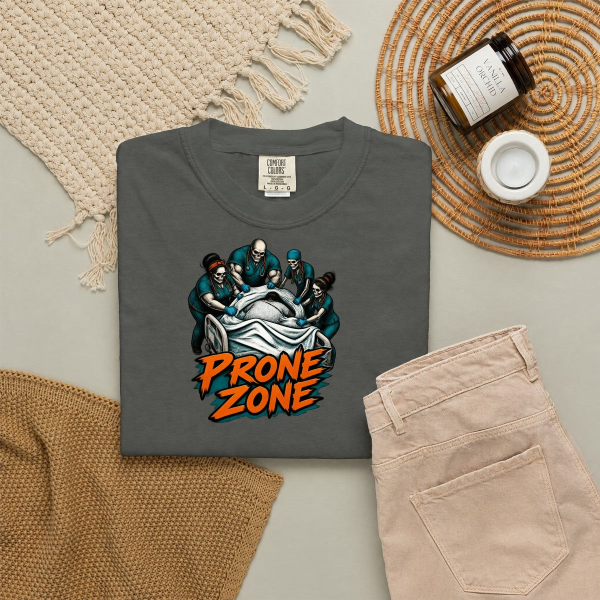 Prone Zone Skeleton ICU Nurse Comfort Colors T-Shirt folded