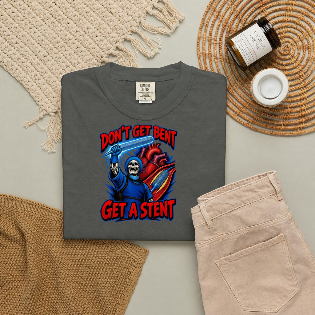 Don't Get Bent Get a Stent Skeleton Cardiac Nurse Comfort Colors T-Shirt folded