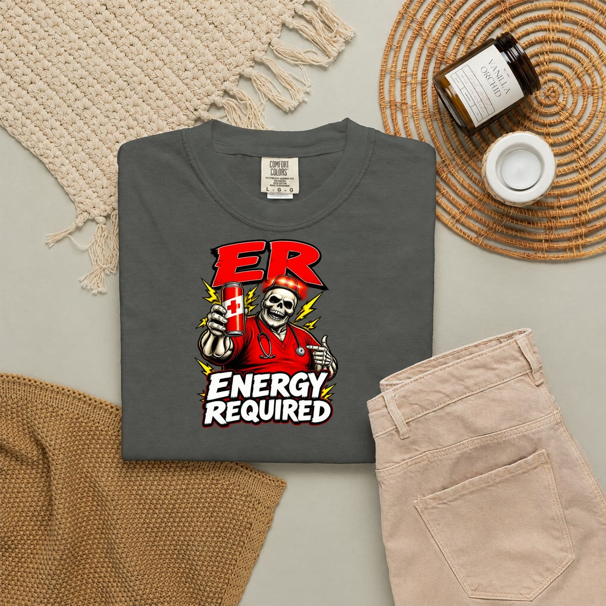 ER Energy Required Skeleton ER Nurse Comfort Colors T-Shirt folded