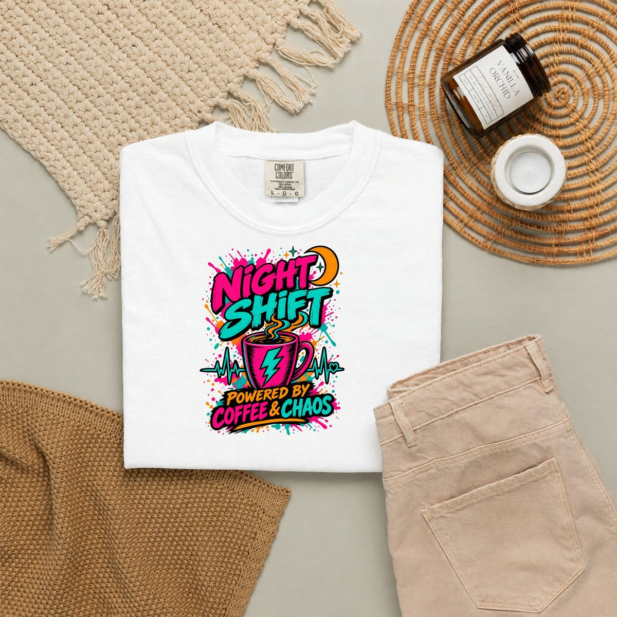 Night Shift Powered by Coffee and Chaos Nurse Comfort Colors T-Shirt folded