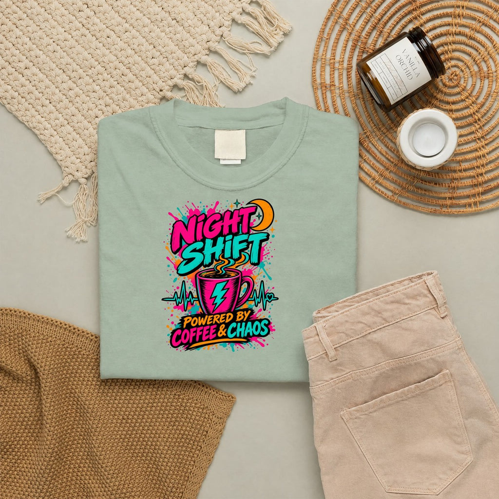 Night Shift Powered by Coffee and Chaos Nurse Comfort Colors T-Shirt folded