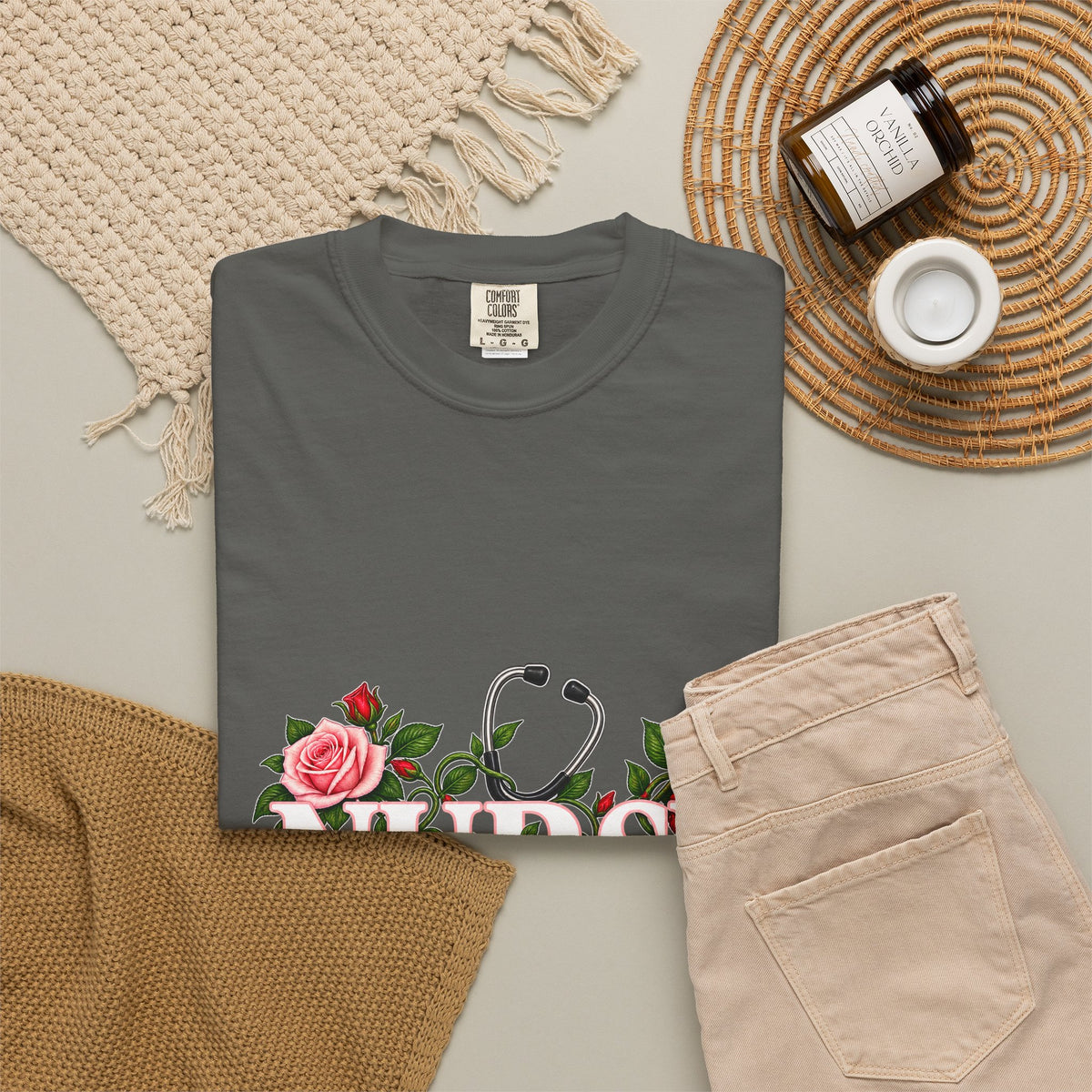 Nurse Roses and Stethoscope Floral Comfort Colors T-Shirt