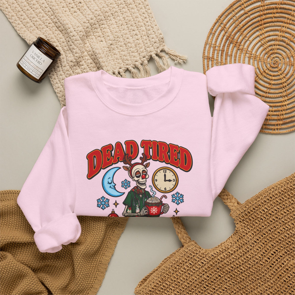 Dead Tired But Merry Skeleton Night Shift Christmas Crewneck Sweatshirt