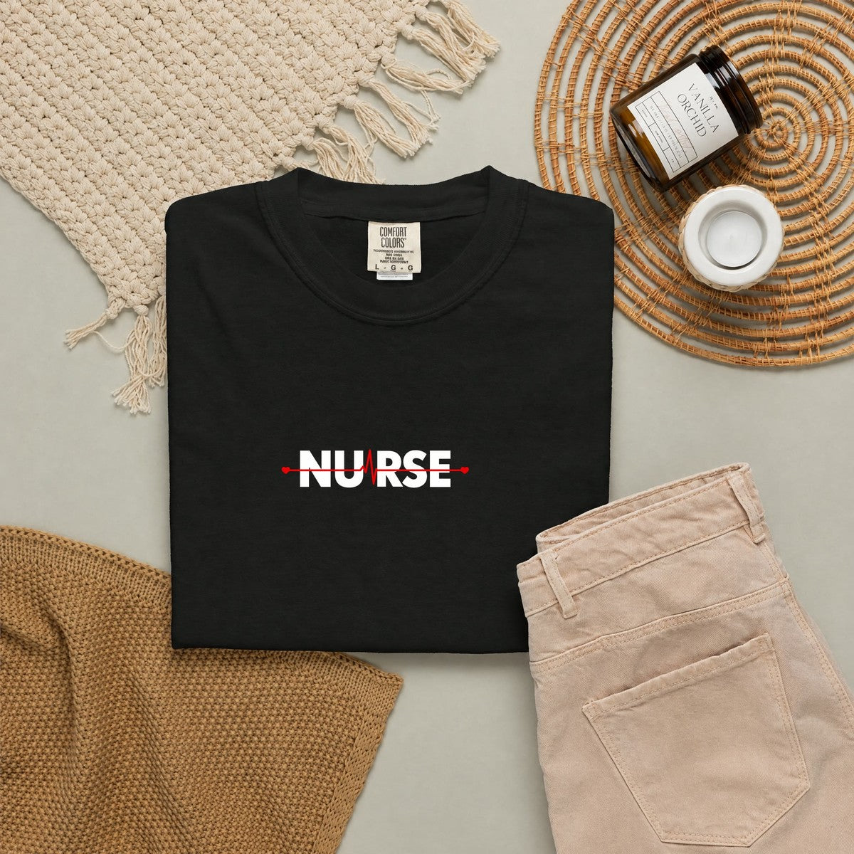Nurse Heartbeat EKG Line Comfort Colors T-Shirt folded