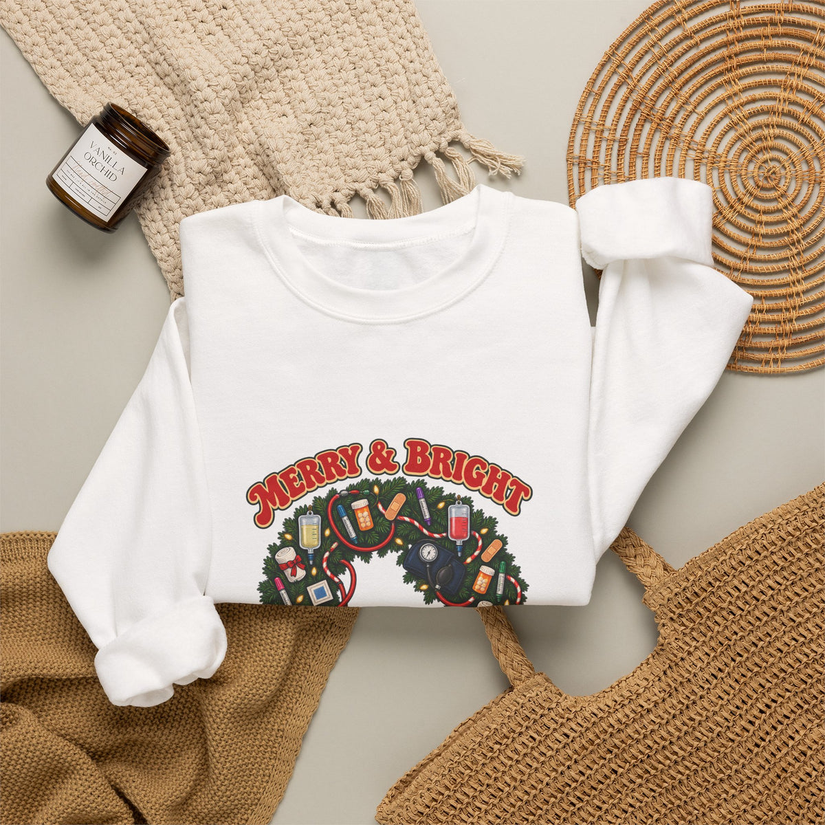 Merry & Bright and Fully Charted Christmas Nurse Crewneck Sweatshirt