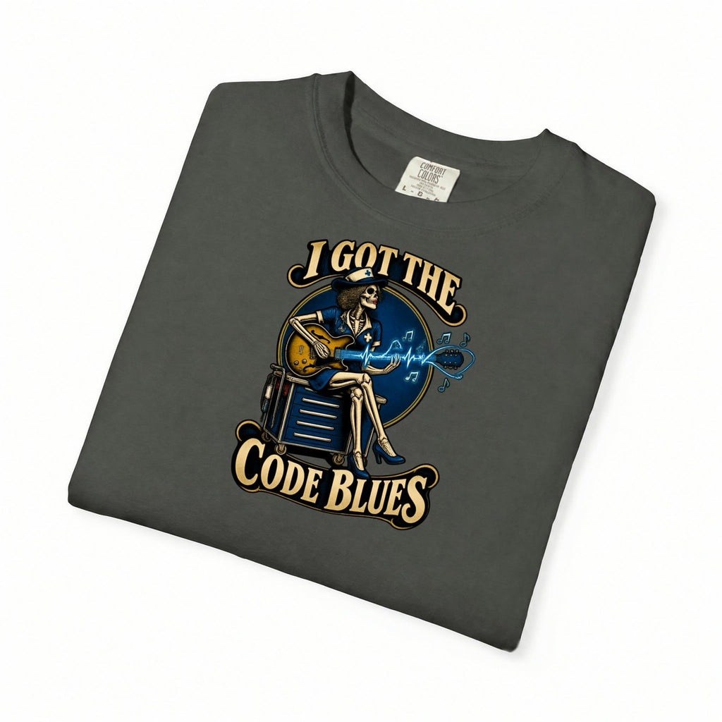 I Got the Code Blues Skeleton Nurse Comfort Colors T-Shirt folded