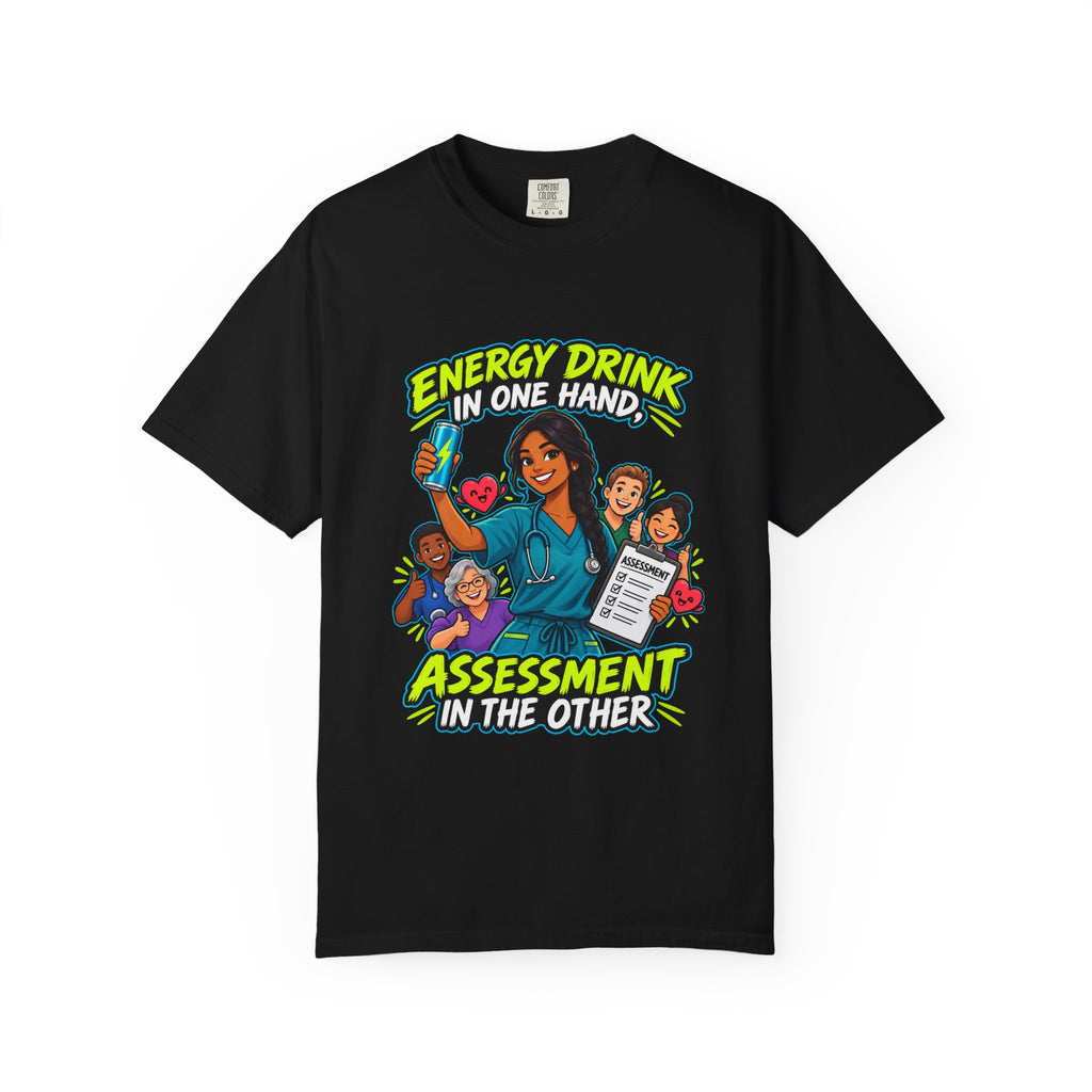 Energy Drink in One Hand Assessment in the Other Nurse Tee (Long Braid)