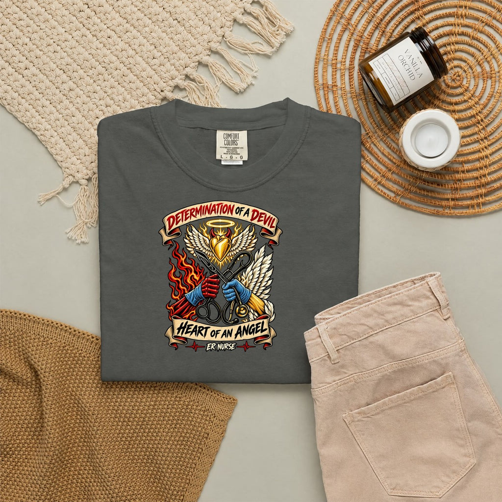 Determination of a Devil Heart of an Angel ER Nurse Tattoo Badge Comfort Colors T-Shirt folded