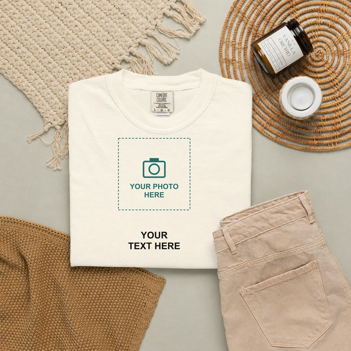 Design Your Own Custom Photo and Text Comfort Colors T-Shirt folded