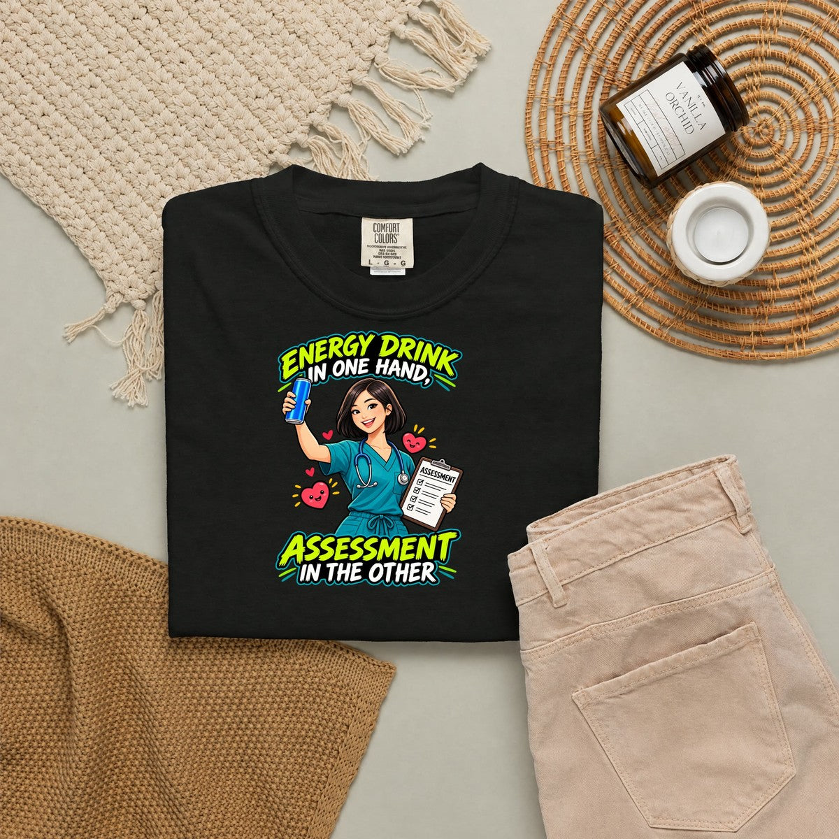 Energy Drink in One Hand Assessment in the Other Nurse Tee (Sleek Bob)