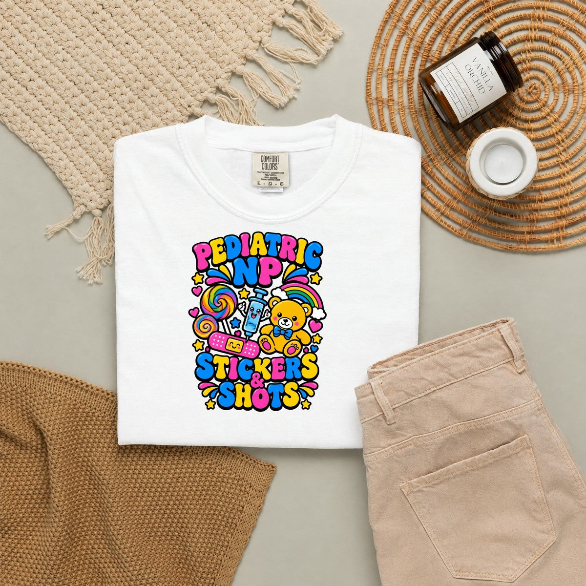 Pediatric NP Stickers and Shots Nurse Practitioner Comfort Colors T-Shirt folded