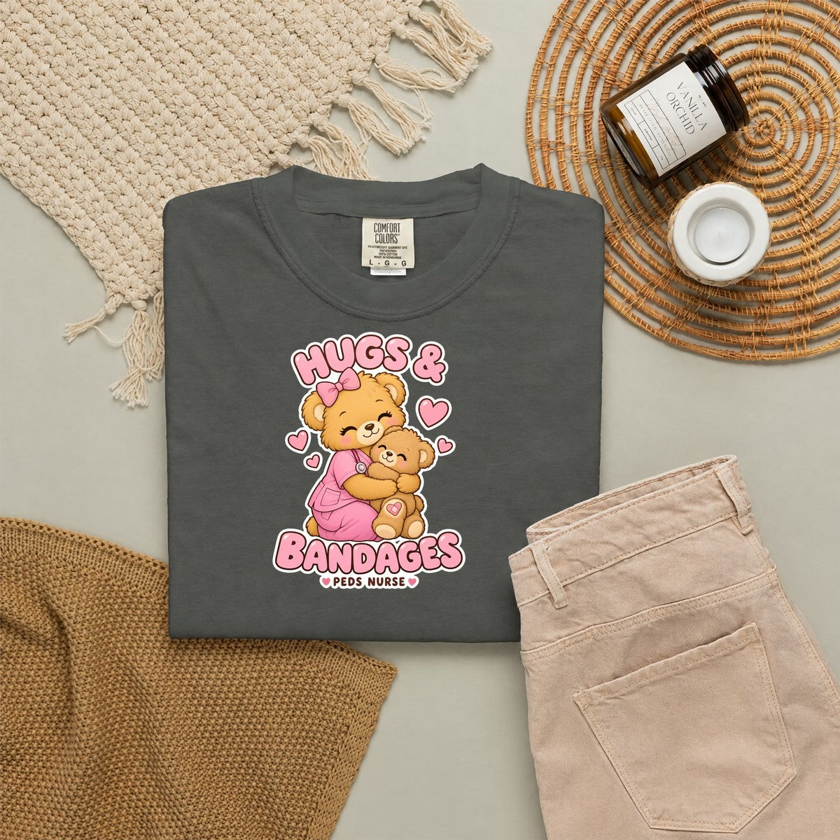 Hugs and Bandages Teddy Bear Peds Nurse Pink Comfort Colors T-Shirt folded