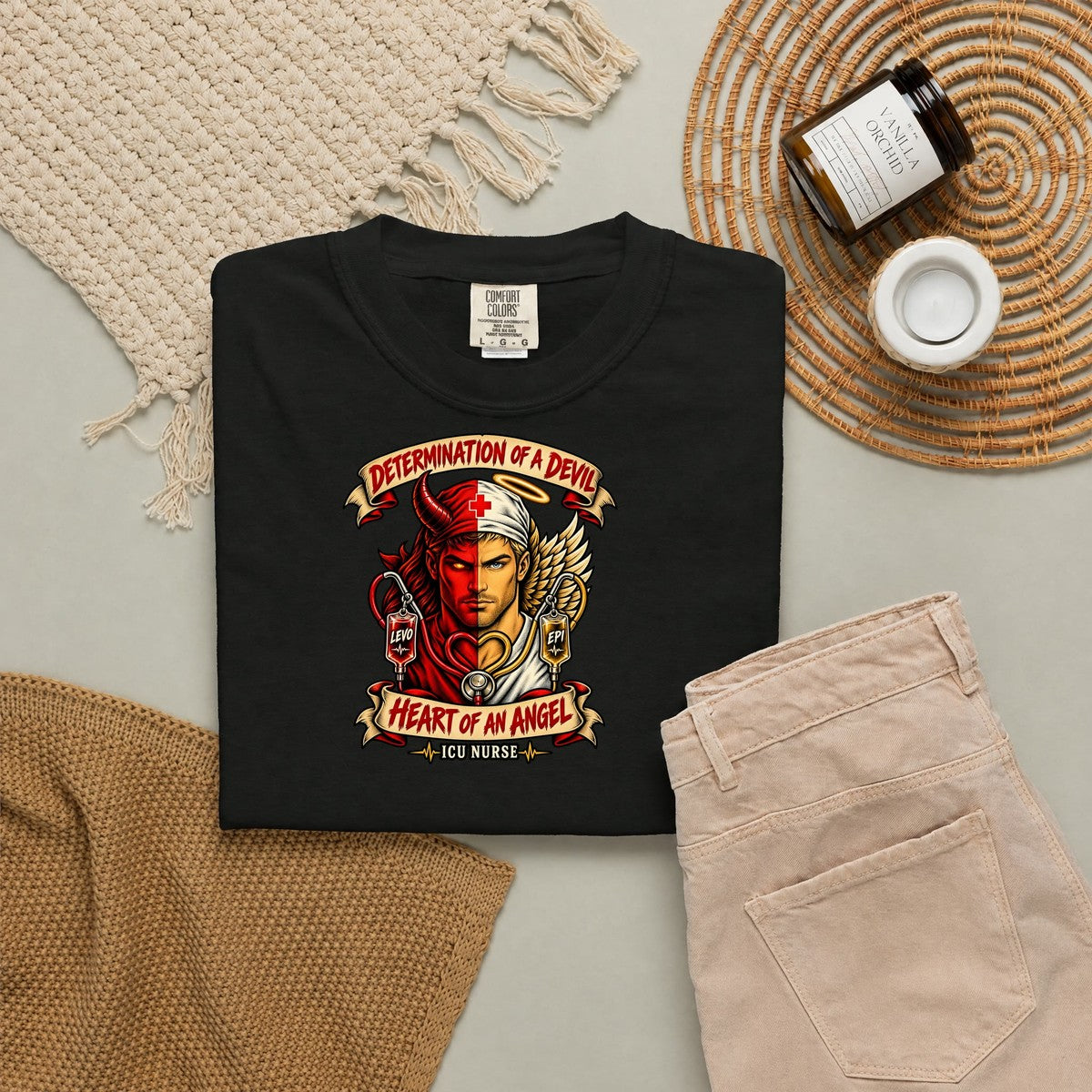 Determination of a Devil Heart of an Angel Male ICU Nurse Tattoo Badge Comfort Colors T-Shirt folded