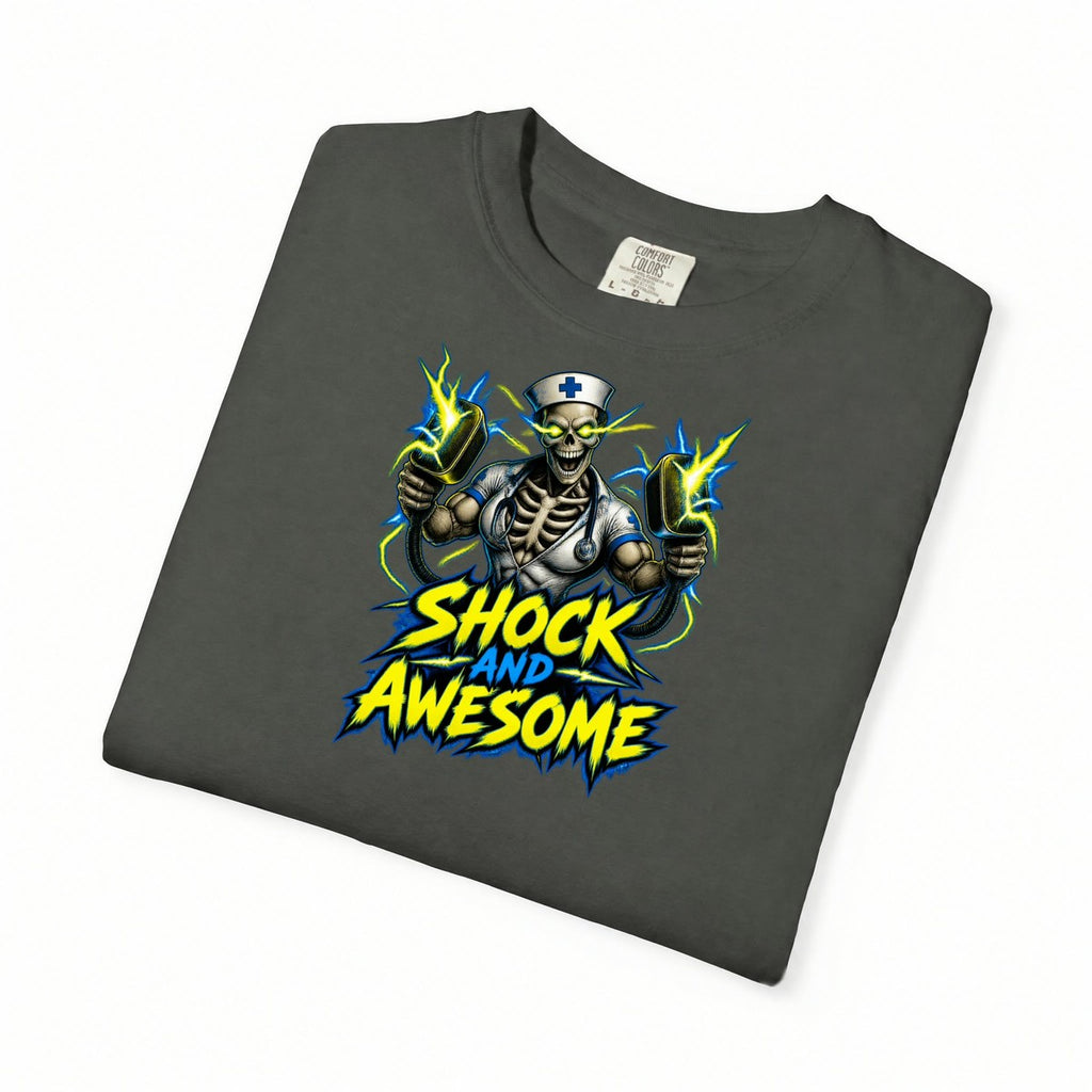 Shock and Awesome Skeleton Cardiac Nurse Comfort Colors T-Shirt folded