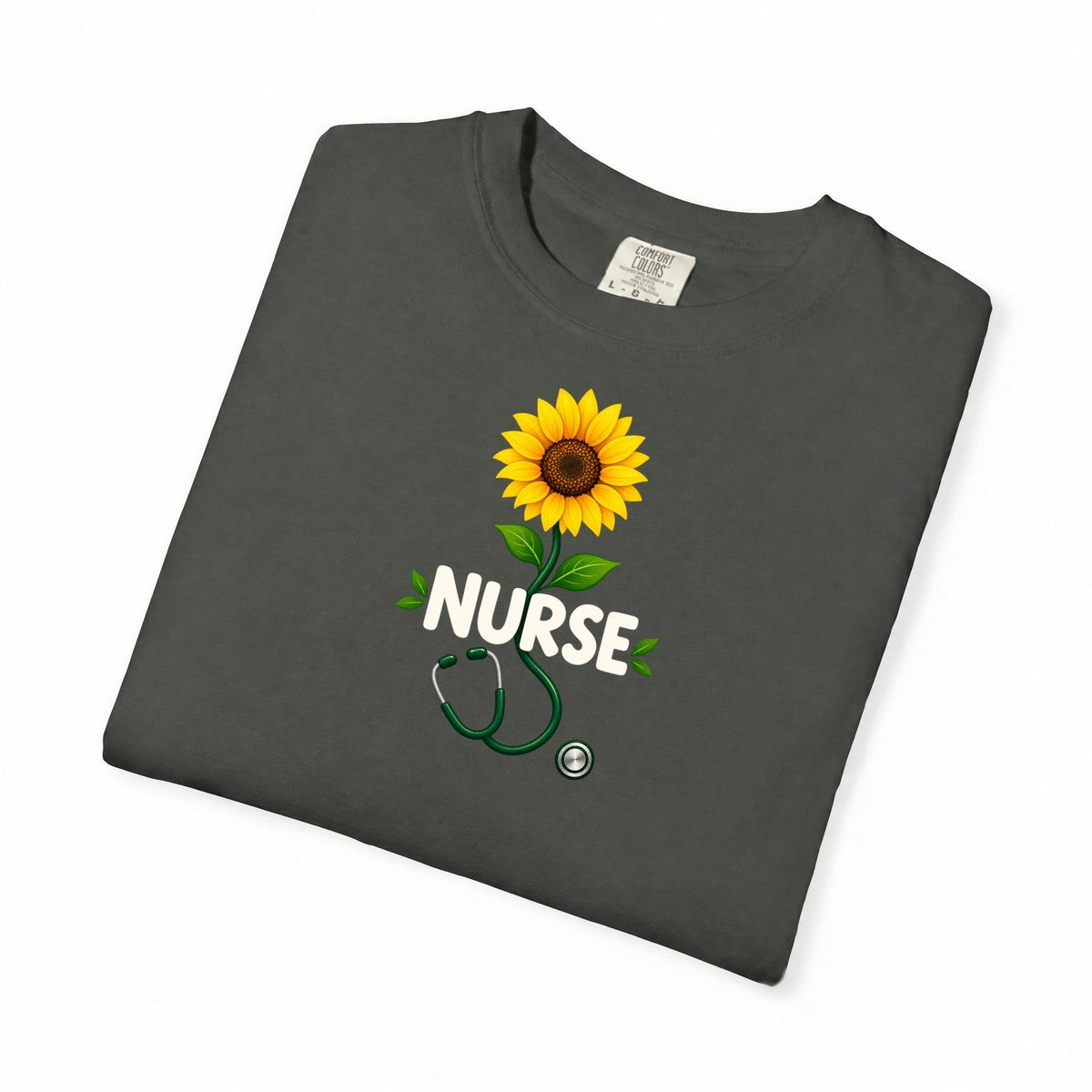 Nurse Sunflower Stethoscope Floral Comfort Colors T-Shirt folded