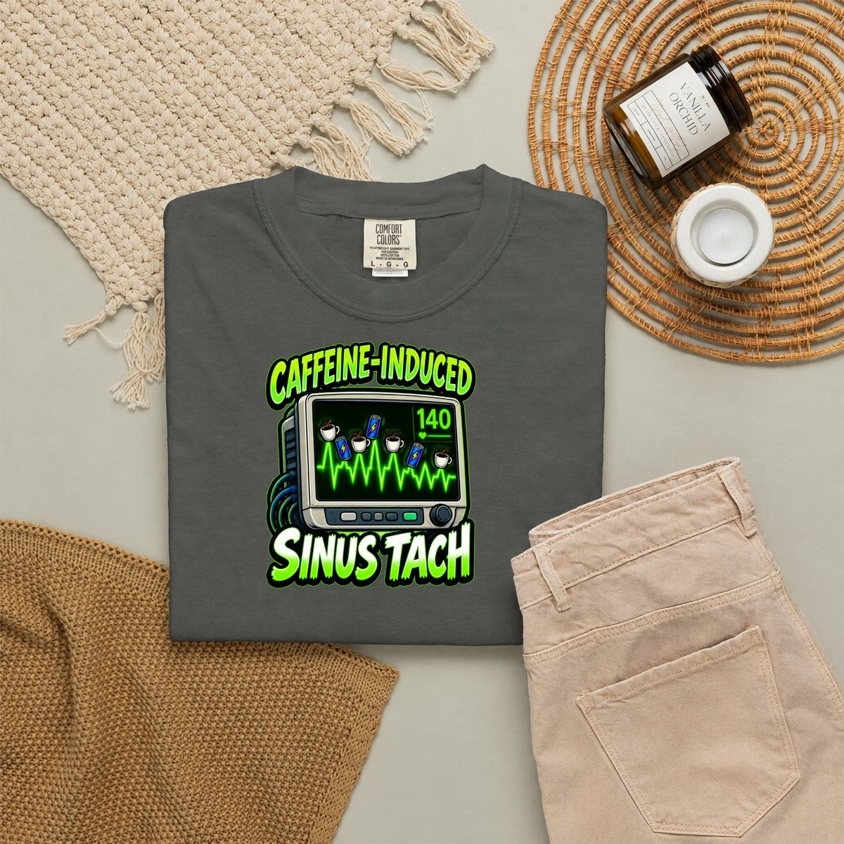 Caffeine Induced Sinus Tach Funny Nurse Comfort Colors T-Shirt folded
